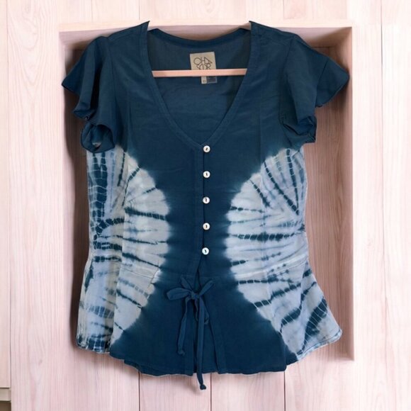 Chaser Blue Tie Dye Blouse Top Tie Waist XS - Picture 2 of 10
